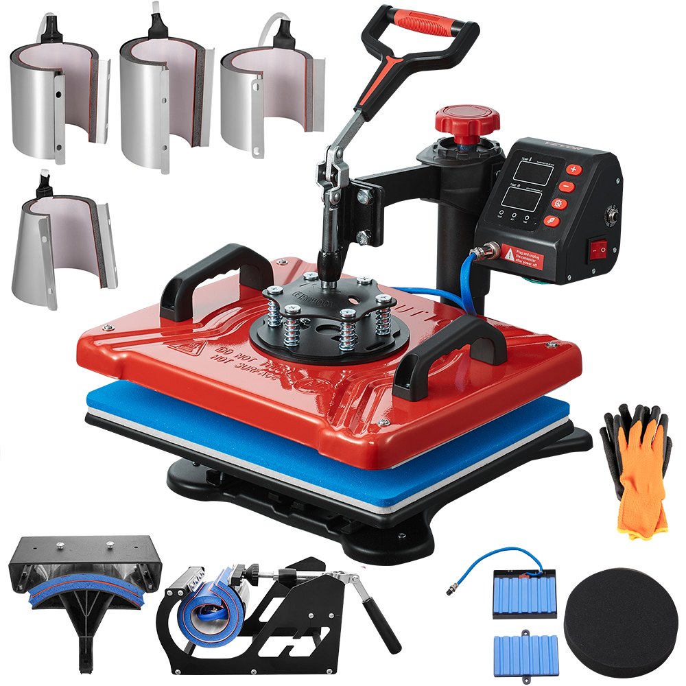 VEVOR Prensa de Calor Multifuncional 10 en 1, Máquina de Sublimación Roja 29 x 38 cm Máquina Impresión de Calor 1000W Giratoria para Camisetas, Diseño Giratorio de 360°, con Accesorios Completos