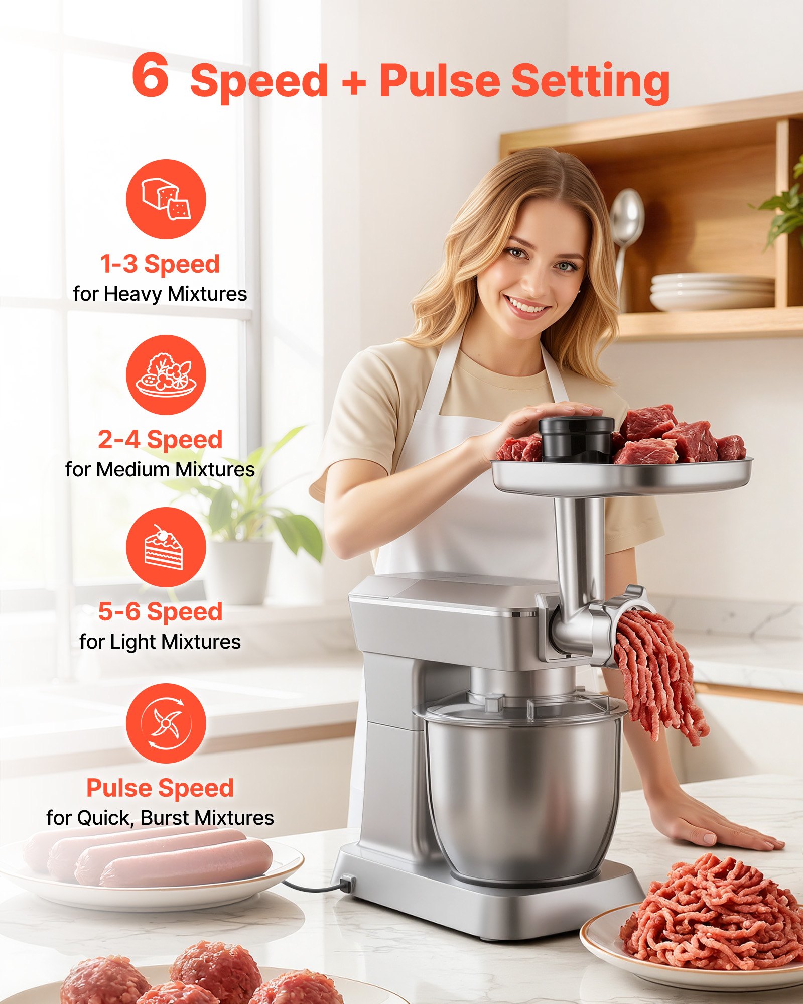 VEVOR Procesador de Alimentos Eléctrico Multifuncional, 1300 W, con Bol de Acero Inoxidable 4,3 L y Bol para Mezclar 1,5 L, 6 Velocidades + P, Gancho para Amasar, Batidor de Varillas y El Plano