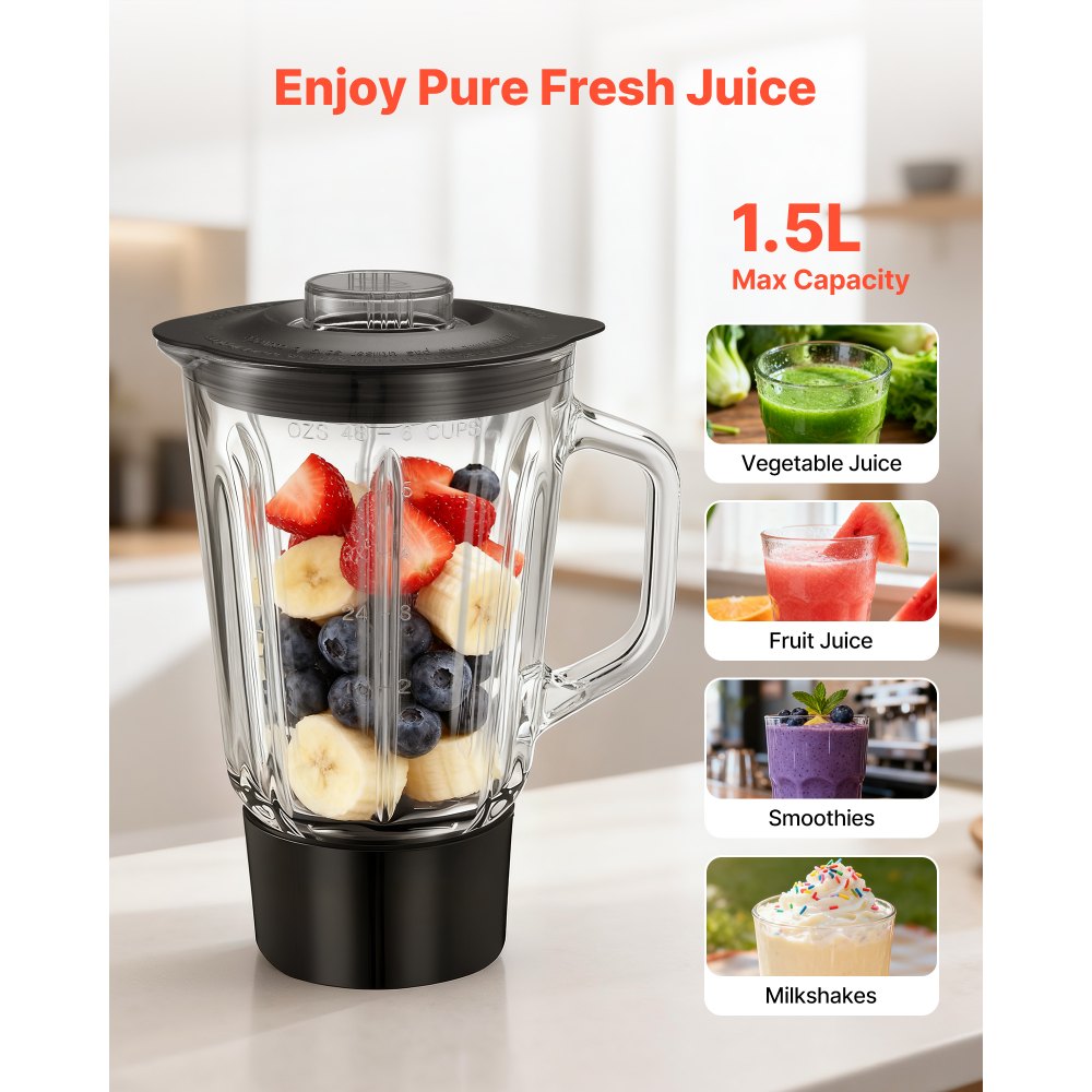 VEVOR Procesador de Alimentos Eléctrico Multifuncional de 1500 W, con Bol de Acero Inoxidable 5,7 L y Bol para Mezclar 1,5 L, 6 Velocidades + P, Gancho para Amasar, Batidor de Varillas y el Plano