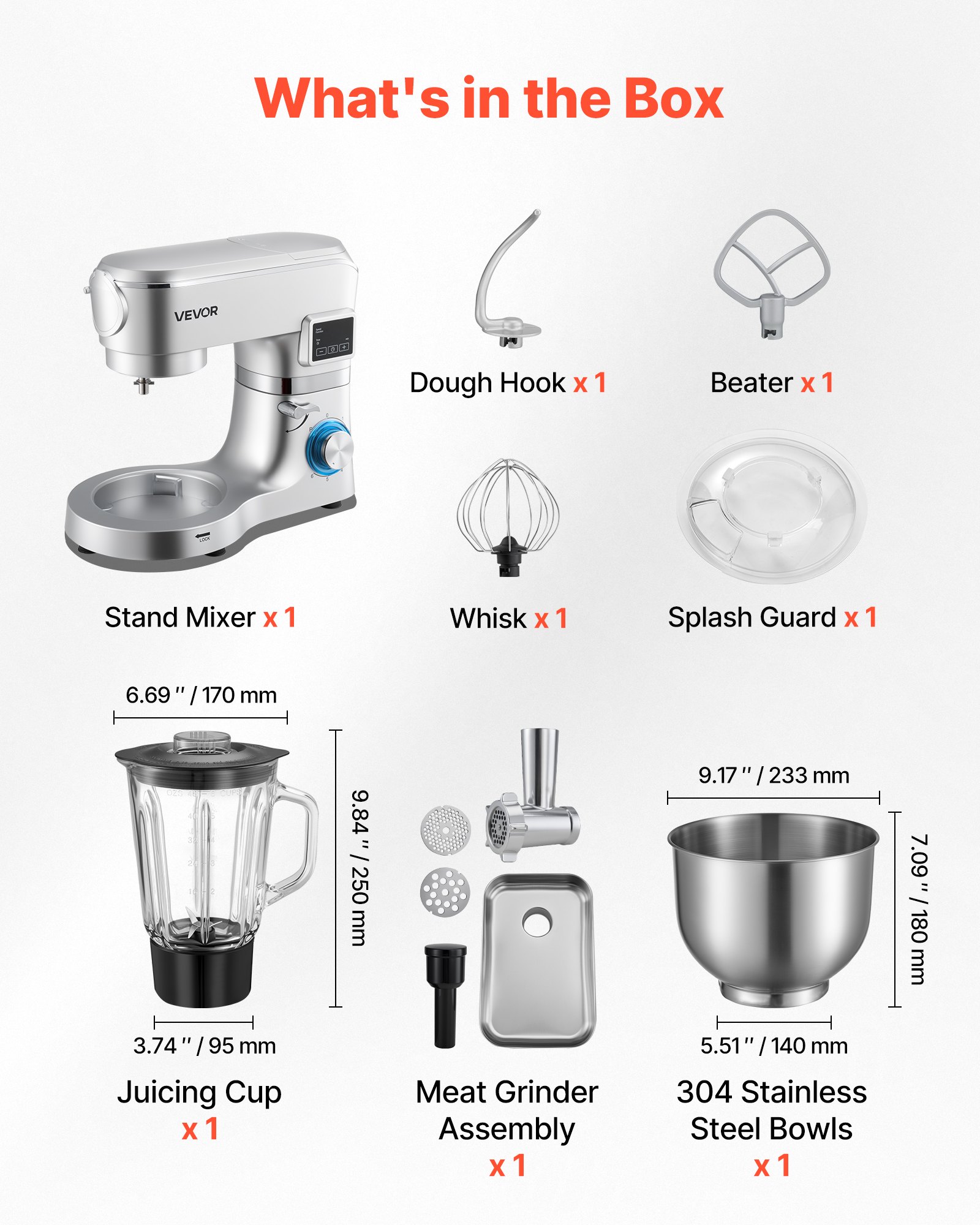 VEVOR Procesador de Alimentos Eléctrico Multifuncional de 1500 W, con Bol de Acero Inoxidable 5,7 L y Bol para Mezclar 1,5 L, 6 Velocidades + P, Gancho para Amasar, Batidor de Varillas y el Plano