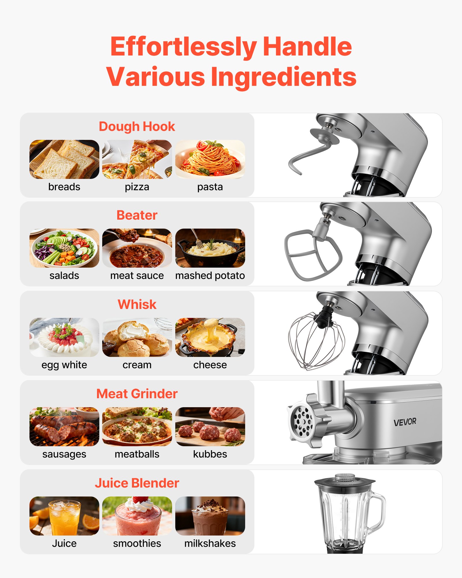VEVOR Procesador de Alimentos Eléctrico Multifuncional, 1500 W, Bol de Acero Inoxidable 6 L y Bol para Mezclar 1,5 L, con 6 Velocidades + P, Gancho para Amasar, Batidor de Varillas y El Plano