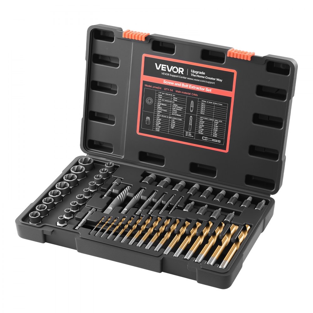VEVOR Juego de Extractor de Tuercas y Tornillos Dañados 54 Piezas, con Brocas para Taladro, Adaptadores y Estuche de Almacenamiento, Acero 41xx, Herramientas para Sacar Pernos Rotos Oxidados Pintados