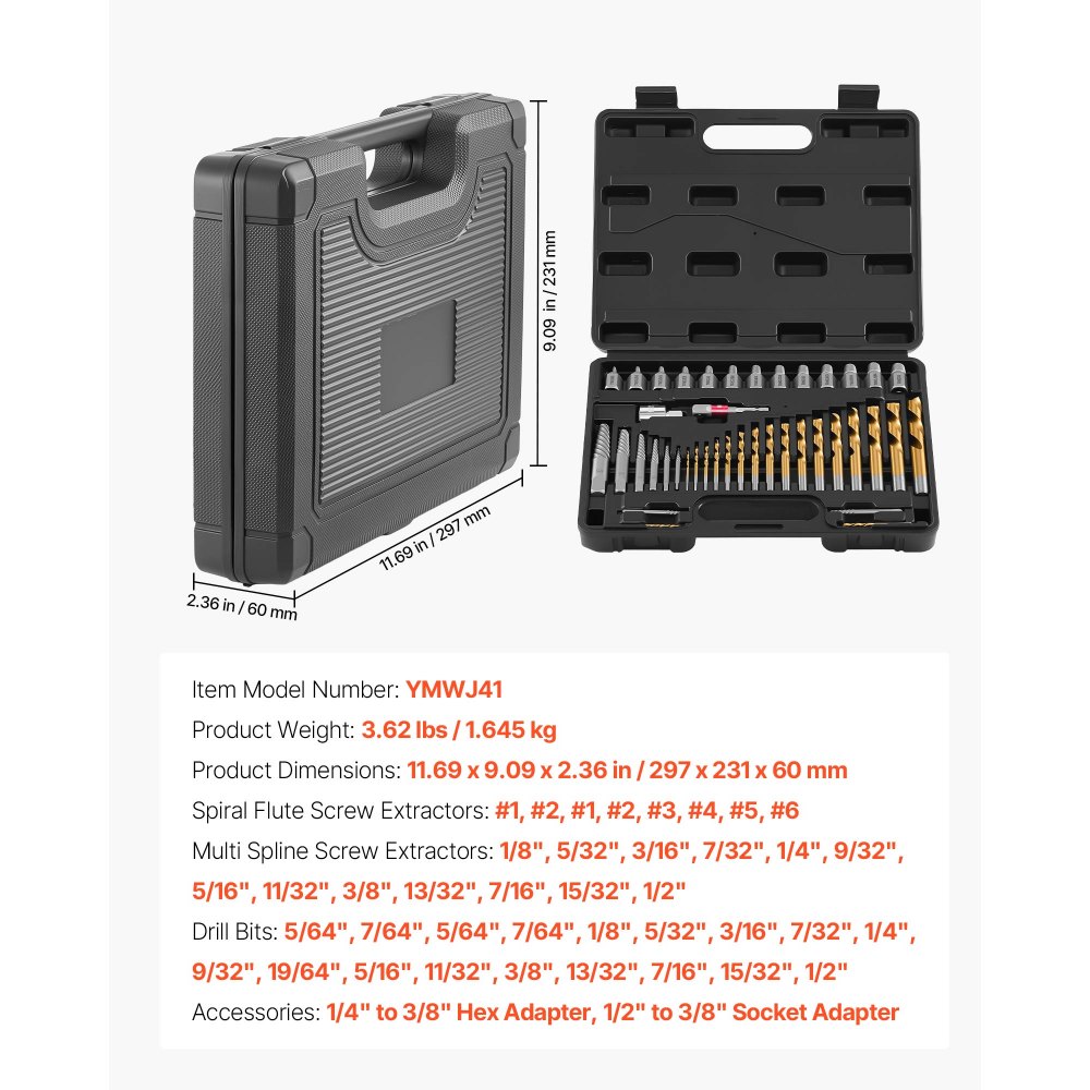 VEVOR Juego de Extractor de Tornillos Dañados y Brocas en Espiral 41 Piezas, Extractor de Pernos, con Adaptadores y Caja de Almacenamiento, Herramientas para Sacar Tornillos Rotos Oxidados Pintados