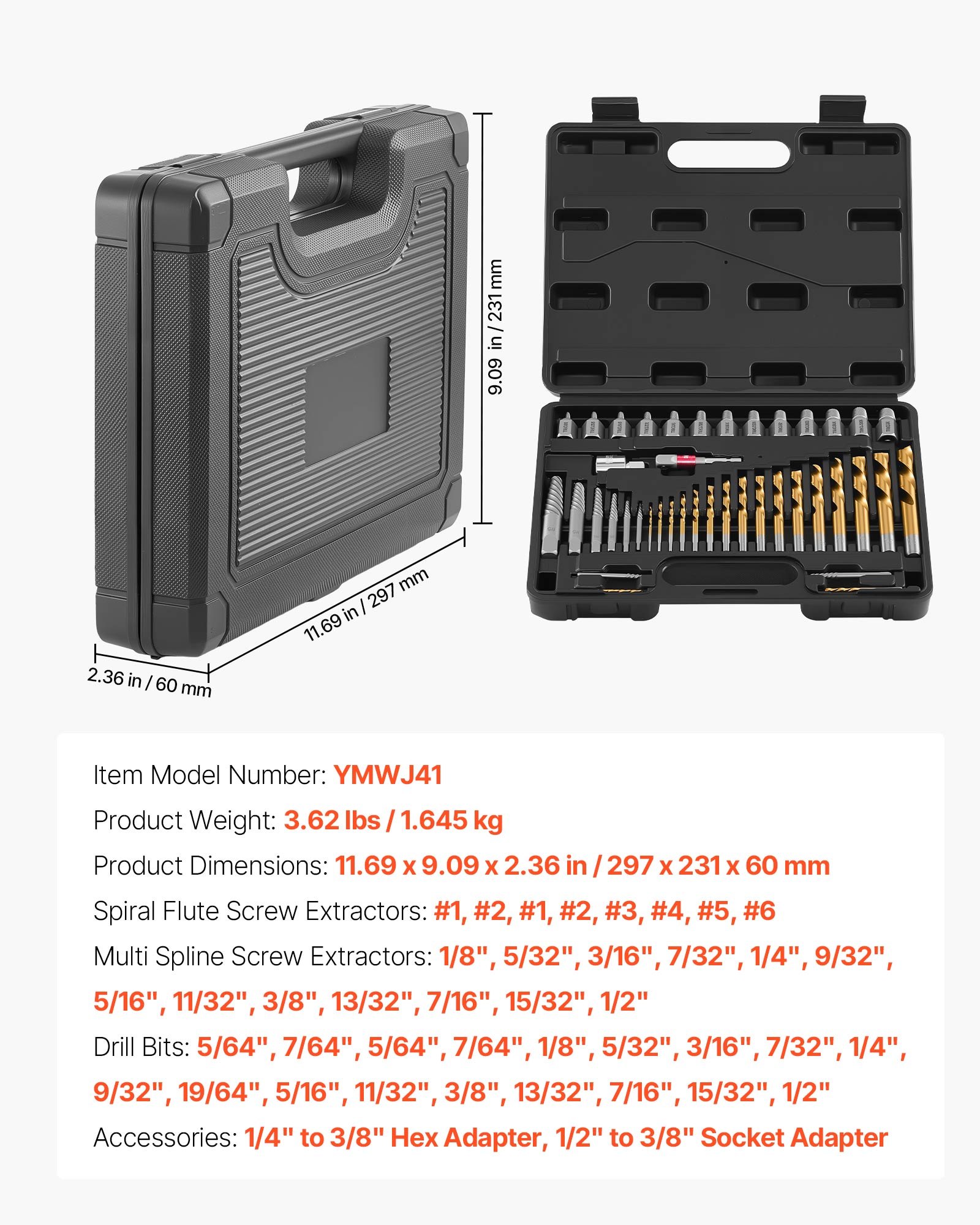 VEVOR Juego de Extractor de Tornillos Dañados y Brocas en Espiral 41 Piezas, Extractor de Pernos, con Adaptadores y Caja de Almacenamiento, Herramientas para Sacar Tornillos Rotos Oxidados Pintados