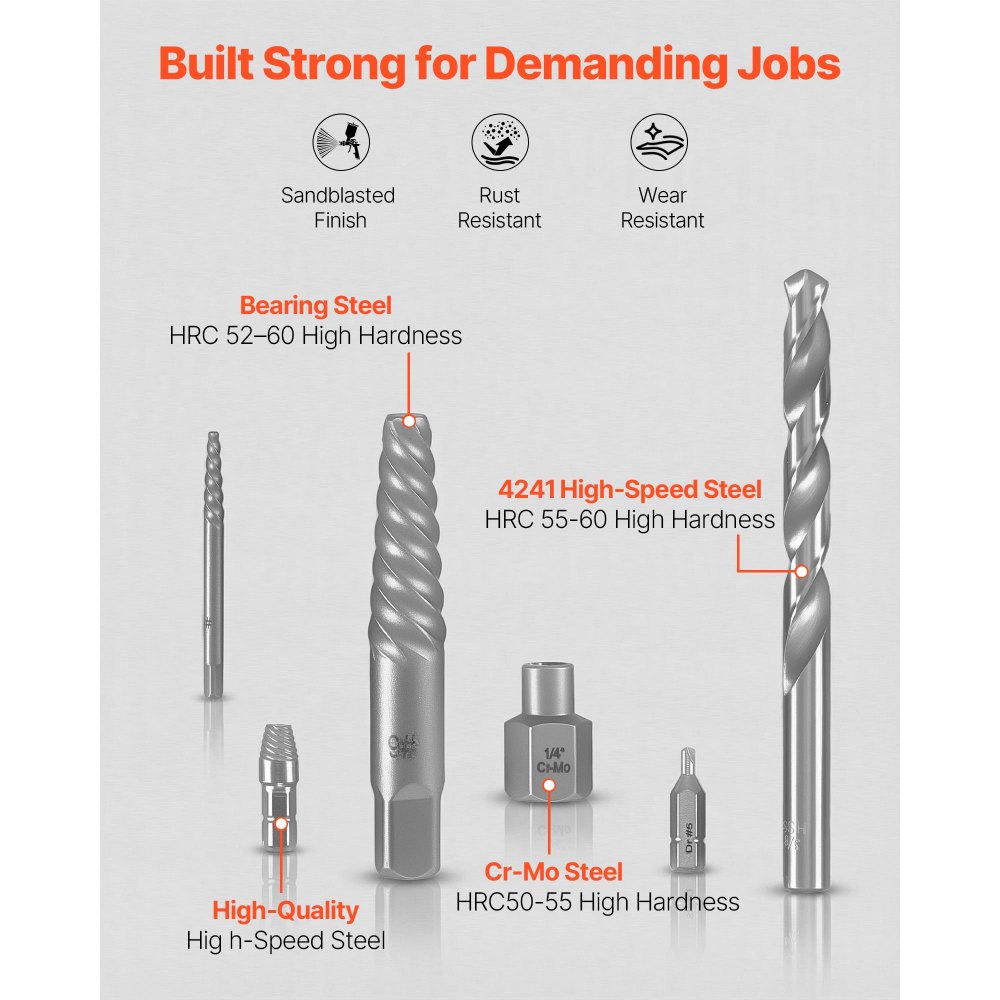 VEVOR Juego de Extractor de Tuercas y Tornillos Dañados 49 Piezas, Brocas para Taladro Incluidas, Adaptadores y Estuche de Almacenamiento, Herramientas para Sacar Tornillos Rotos Oxidados Pintados