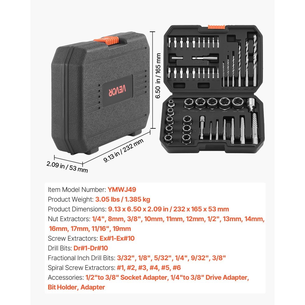VEVOR Juego de Extractor de Tuercas y Tornillos Dañados 49 Piezas, Brocas para Taladro Incluidas, Adaptadores y Estuche de Almacenamiento, Herramientas para Sacar Tornillos Rotos Oxidados Pintados