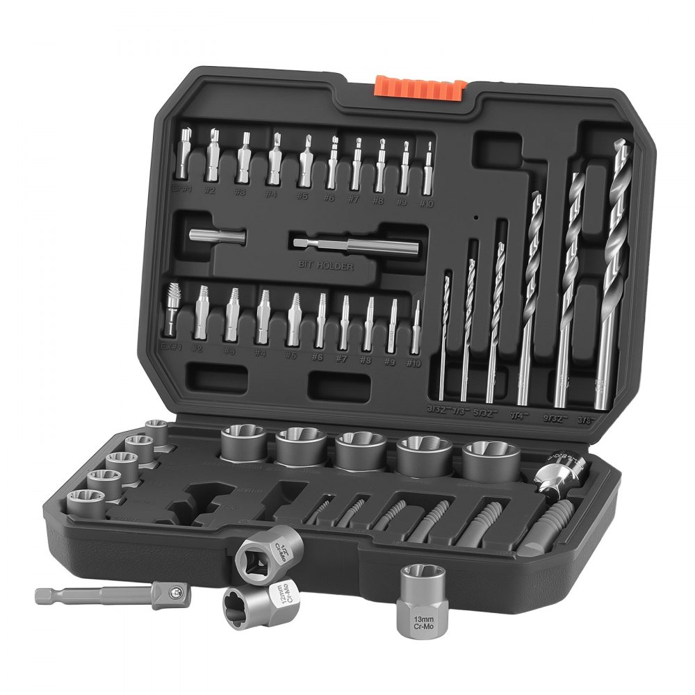 VEVOR Juego de Extractor de Tuercas y Tornillos Dañados 49 Piezas, Brocas para Taladro Incluidas, Adaptadores y Estuche de Almacenamiento, Herramientas para Sacar Tornillos Rotos Oxidados Pintados