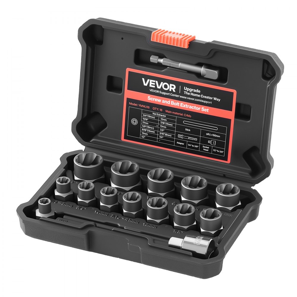 VEVOR Juego de Extractor de Tuercas y Tornillos Dañados 16 Piezas, Extractor de Pernos, con Punzón Adaptadores y Estuche de Almacenamiento, Herramientas para Sacar Tornillos Rotos Oxidados Pintados