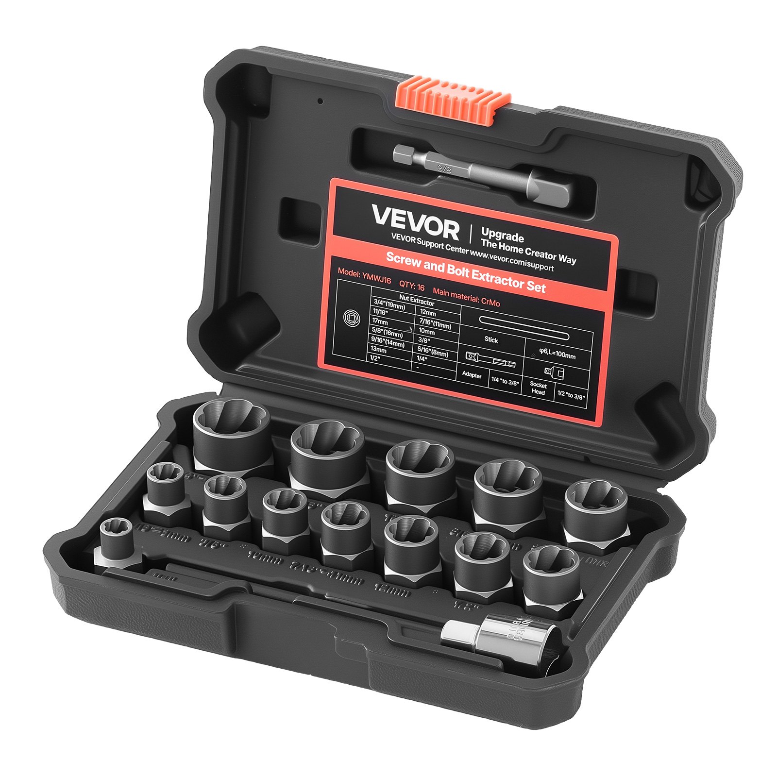 VEVOR Juego de Extractor de Tuercas y Tornillos Dañados 16 Piezas, Extractor de Pernos, con Punzón Adaptadores y Estuche de Almacenamiento, Herramientas para Sacar Tornillos Rotos Oxidados Pintados