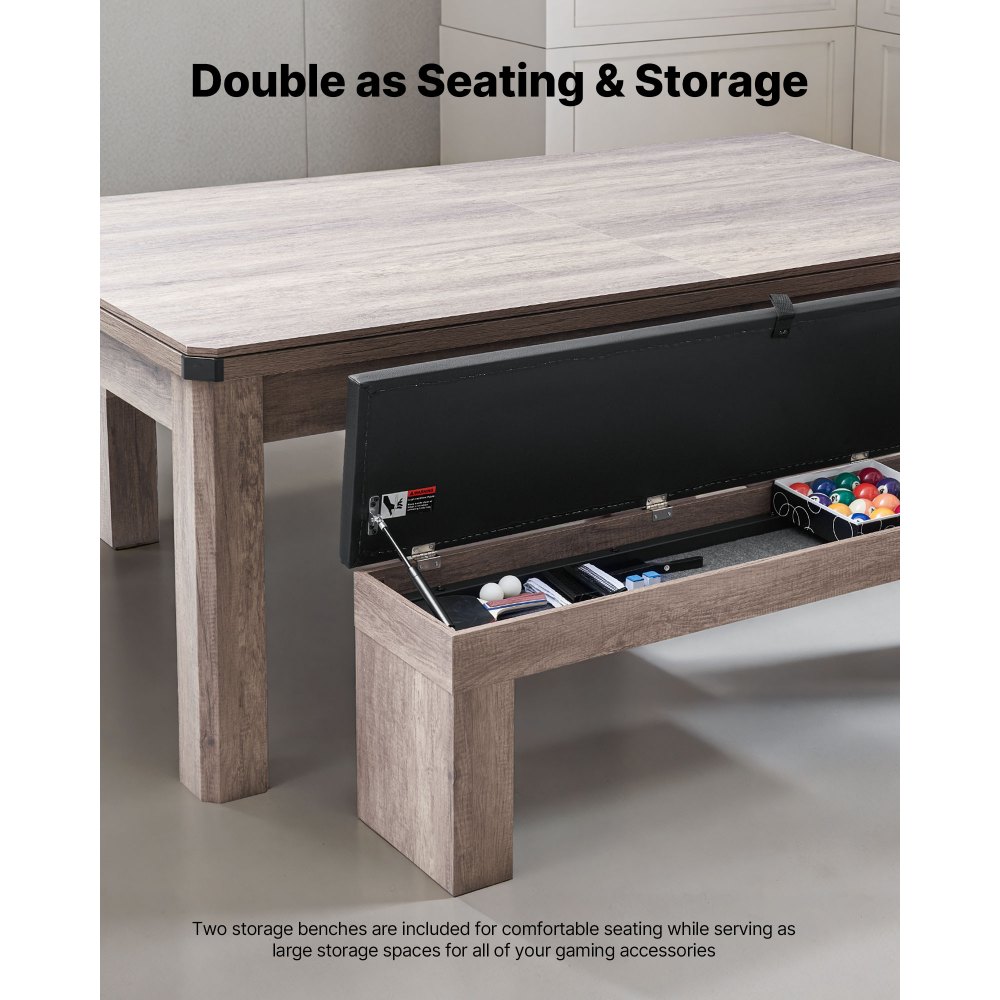 VEVOR Mesa de Billar 3 en 1 para Juegos de Mesa con Mesa de Comedor, con 2 Bancos para Almacenamiento y Accesorios, Carga de 137 kg, Incluye Taco y Cepillo para Tiza, 2140 x 1190 x 790 mm, Gris
