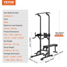 VEVOR Silla Romana con Banco Barra de Dominadas de Pie Ajustable en Altura de 10 Niveles 200 Kg Equipo de Entrenamiento de Fuerza Multifunción con Coderas en el Respaldo, Estación de Inmersión Fitness