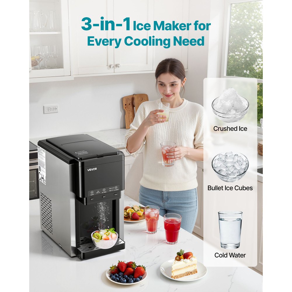 VEVOR Dispensador de Agua con Máquina de Hielo, 7 min/12 Piezas,16 kg/Día, Producción Rápida con Depósito, Hielo Esférico/Picado y Agua Fría, Ideal para Fiestas en la Cocina, 280 x 440 x 480 mm,
