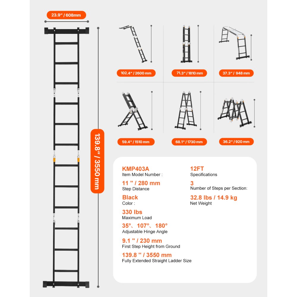 VEVOR Escalera Plegable Multiusos, Escalera Extensible Alta 7 en 1, Estructura en A de 3 Escalones con Tablones de Andamio, Capacidad de 149,7 kg para el Hogar y el Exterior, 1170 x 608 x 1730 mm