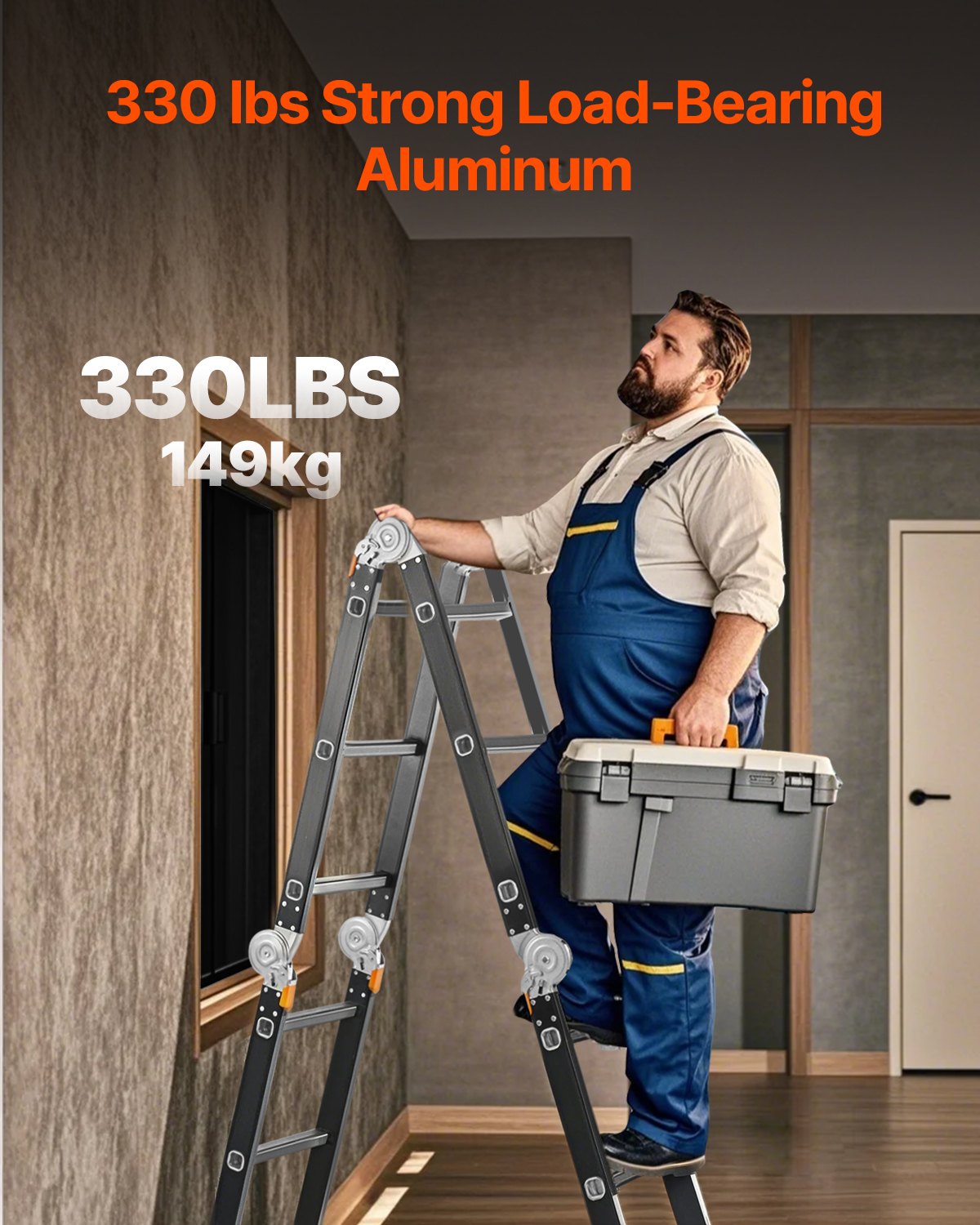VEVOR Escalera Plegable Multiusos, Escalera Extensible Alta 7 en 1, Estructura en A de 3 Escalones con Tablones de Andamio, Capacidad de 149,7 kg para el Hogar y el Exterior, 1170 x 608 x 1730 mm