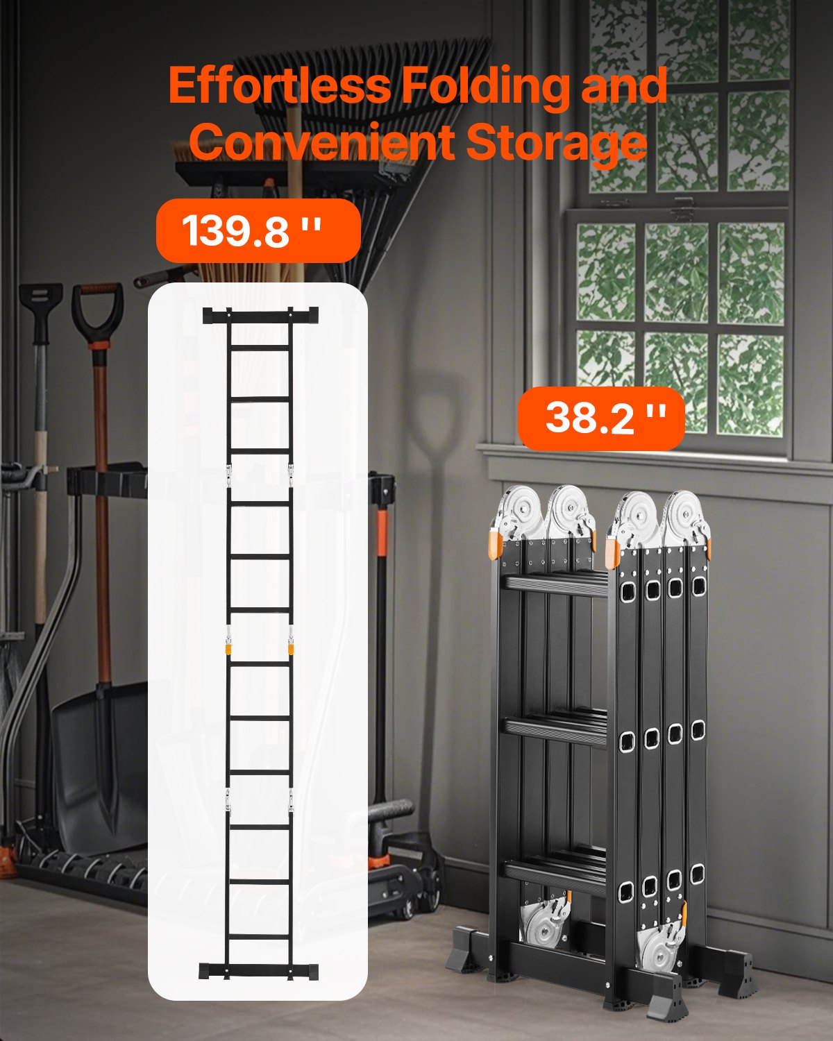 VEVOR Escalera Plegable Multiusos, Escalera Extensible Alta 7 en 1, Estructura en A de 3 Escalones con Tablones de Andamio, Capacidad de 149,7 kg para el Hogar y el Exterior, 1170 x 608 x 1730 mm