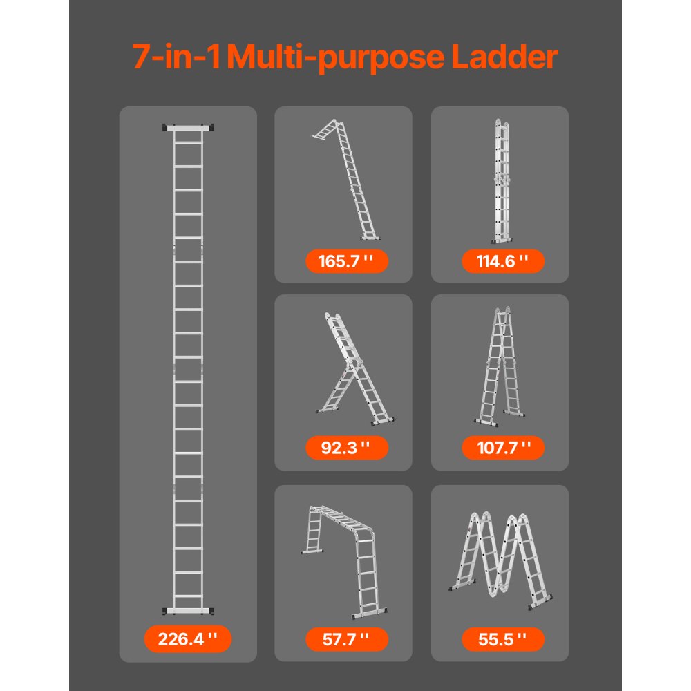VEVOR Escalera Plegable Multiusos Extensible Alta 7 en 1, 5 Escalones con Estructura en A, Altura de Alcance de 5,8 m, Capacidad de 149,7 kg para Exteriores de Metal en el Hogar, 1965 x 708 x 2735 mm