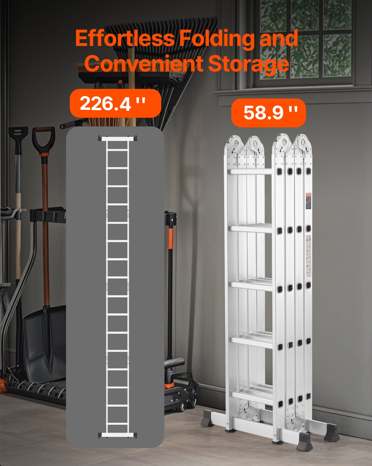 VEVOR Escalera Plegable Multiusos Extensible Alta 7 en 1, 5 Escalones con Estructura en A, Altura de Alcance de 5,8 m, Capacidad de 149,7 kg para Exteriores de Metal en el Hogar, 1965 x 708 x 2735 mm