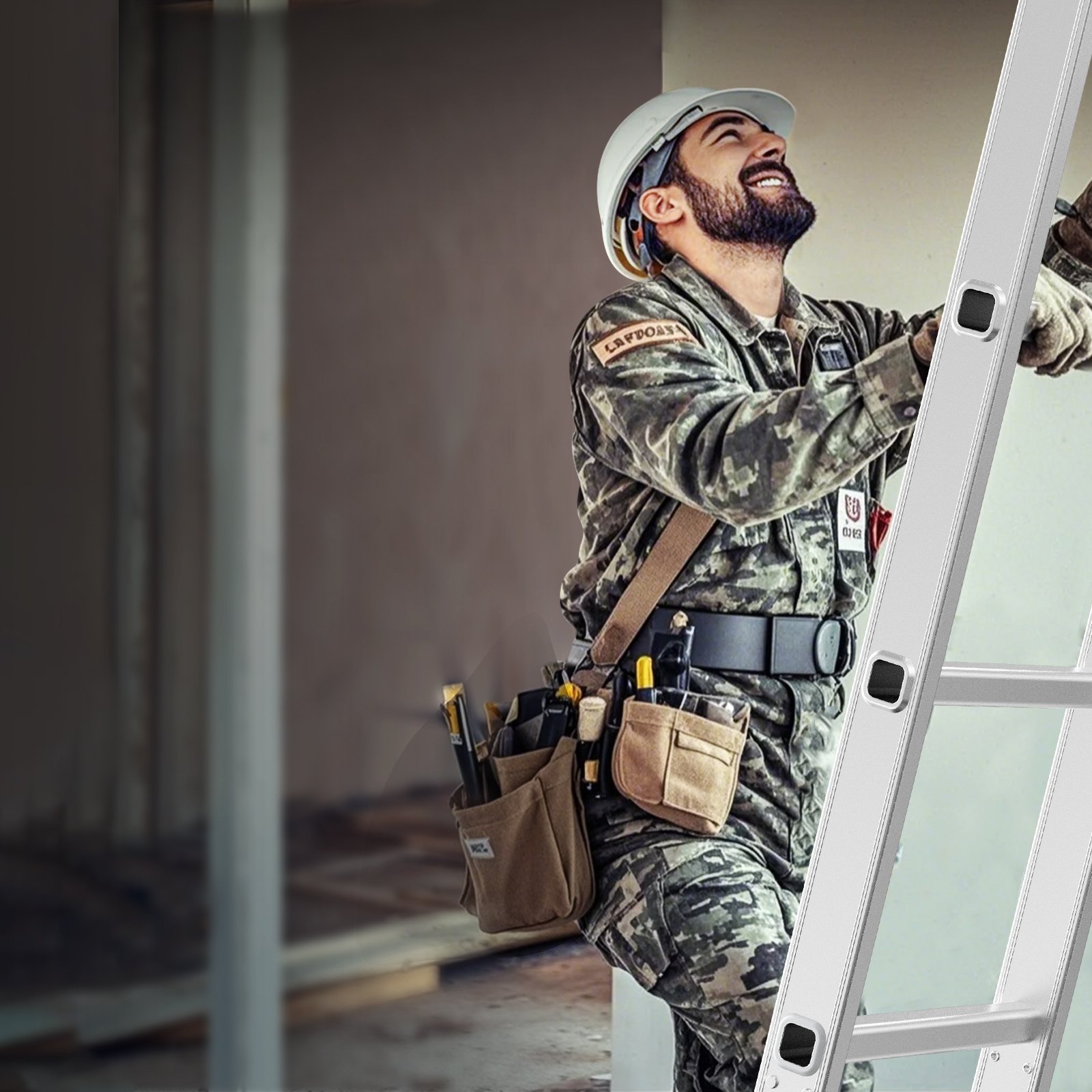 VEVOR Escalera Plegable Multiusos Extensible Alta 7 en 1, 5 Escalones con Estructura en A, Altura de Alcance de 5,8 m, Capacidad de 149,7 kg para Exteriores de Metal en el Hogar, 1965 x 708 x 2735 mm