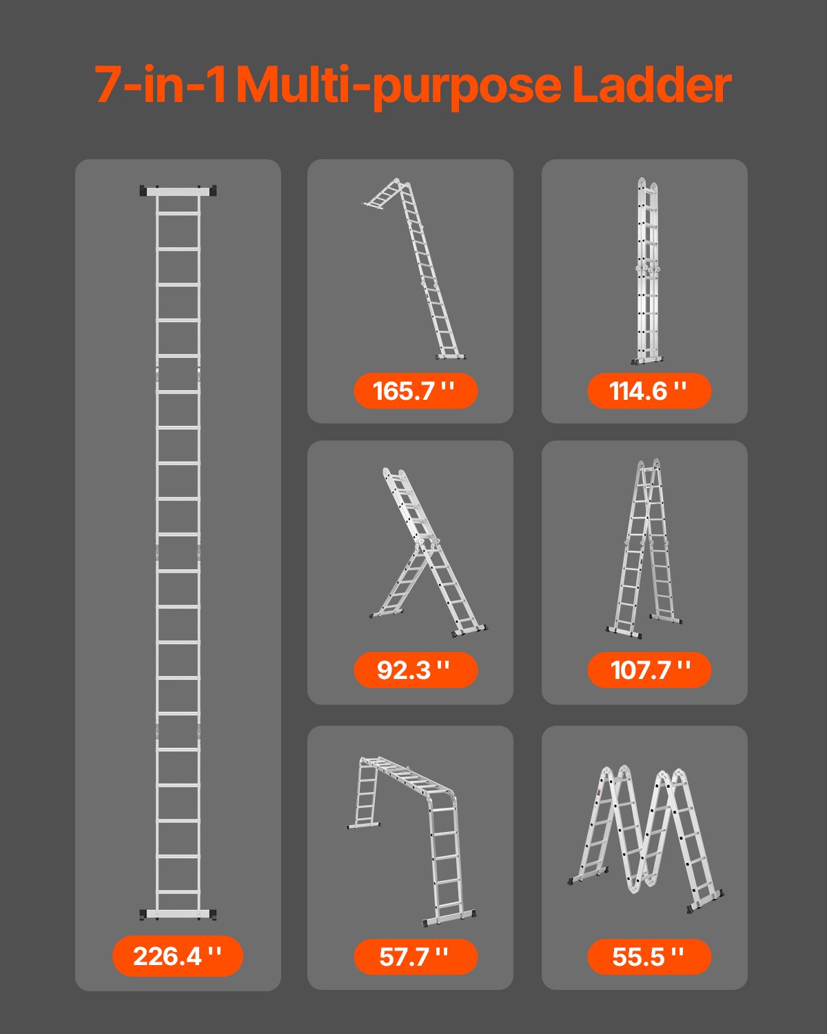 VEVOR Escalera Plegable Multiusos Extensible Alta 7 en 1, 5 Escalones con Estructura en A, Altura de Alcance de 5,8 m, Capacidad de 149,7 kg para Exteriores de Metal en el Hogar, 1965 x 708 x 2735 mm