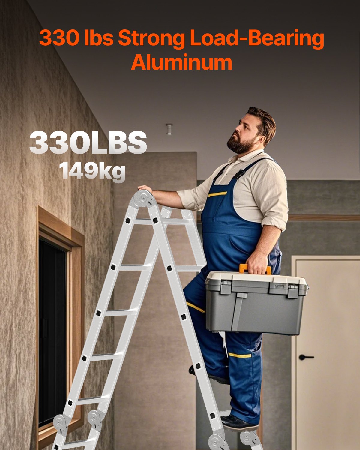 VEVOR Escalera Plegable Multiusos Extensible Alta 7 en 1, 5 Escalones con Estructura en A, Altura de Alcance de 5,8 m, Capacidad de 149,7 kg para Exteriores de Metal en el Hogar, 1965 x 708 x 2735 mm