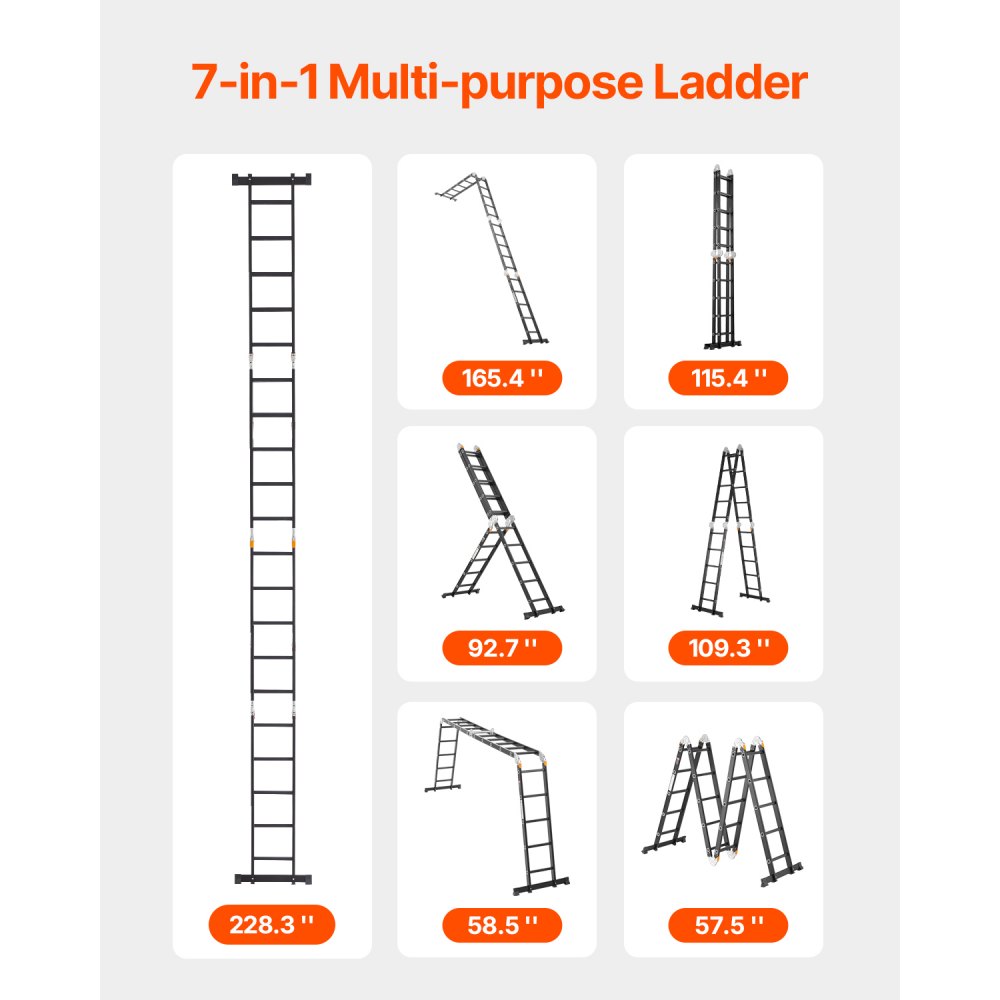 VEVOR Escalera Plegable Multiusos Extensible Alta 7 en 1, 5 Escalones con Estructura en A, Altura de Alcance de 5,8 m, Capacidad de 149,7 kg para el Hogar y el Exterior, 1930 x 708 x 2775 mm, Plata