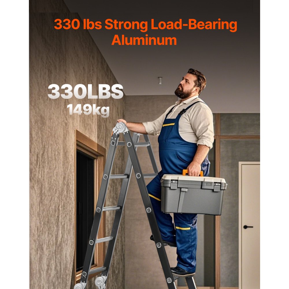 VEVOR Escalera Plegable Multiusos Extensible Alta 7 en 1, 5 Escalones con Estructura en A, Altura de Alcance de 5,8 m, Capacidad de 149,7 kg para el Hogar y el Exterior, 1930 x 708 x 2775 mm, Plata