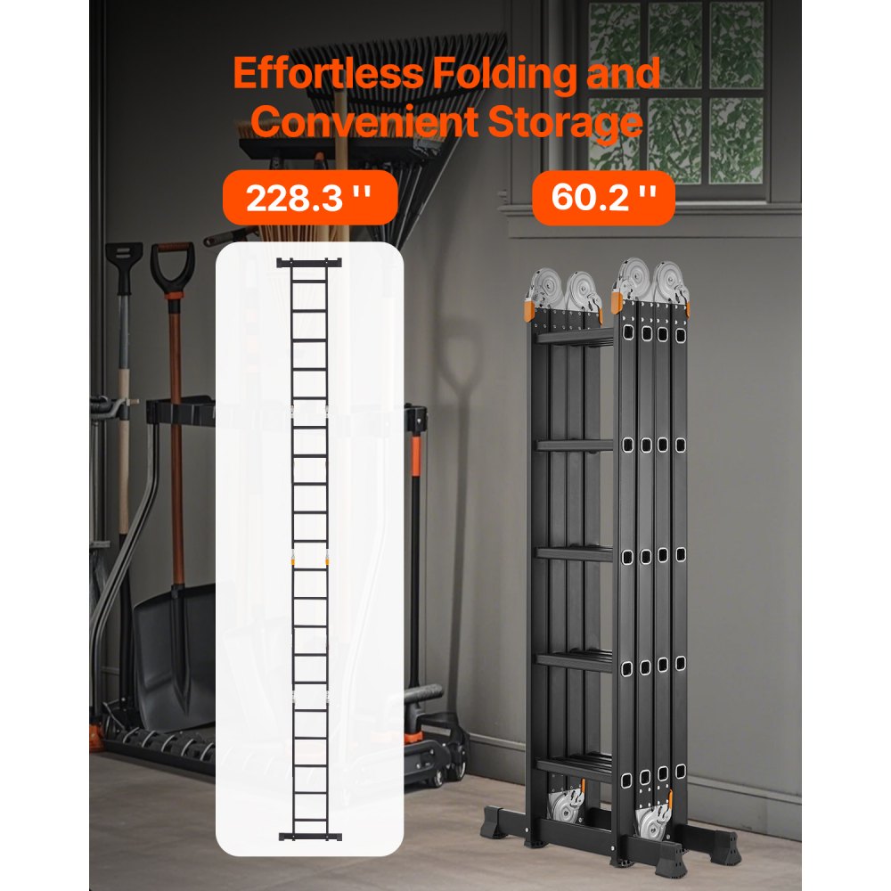 VEVOR Escalera Plegable Multiusos Extensible Alta 7 en 1, 5 Escalones con Estructura en A, Altura de Alcance de 5,8 m, Capacidad de 149,7 kg para el Hogar y el Exterior, 1930 x 708 x 2775 mm, Plata