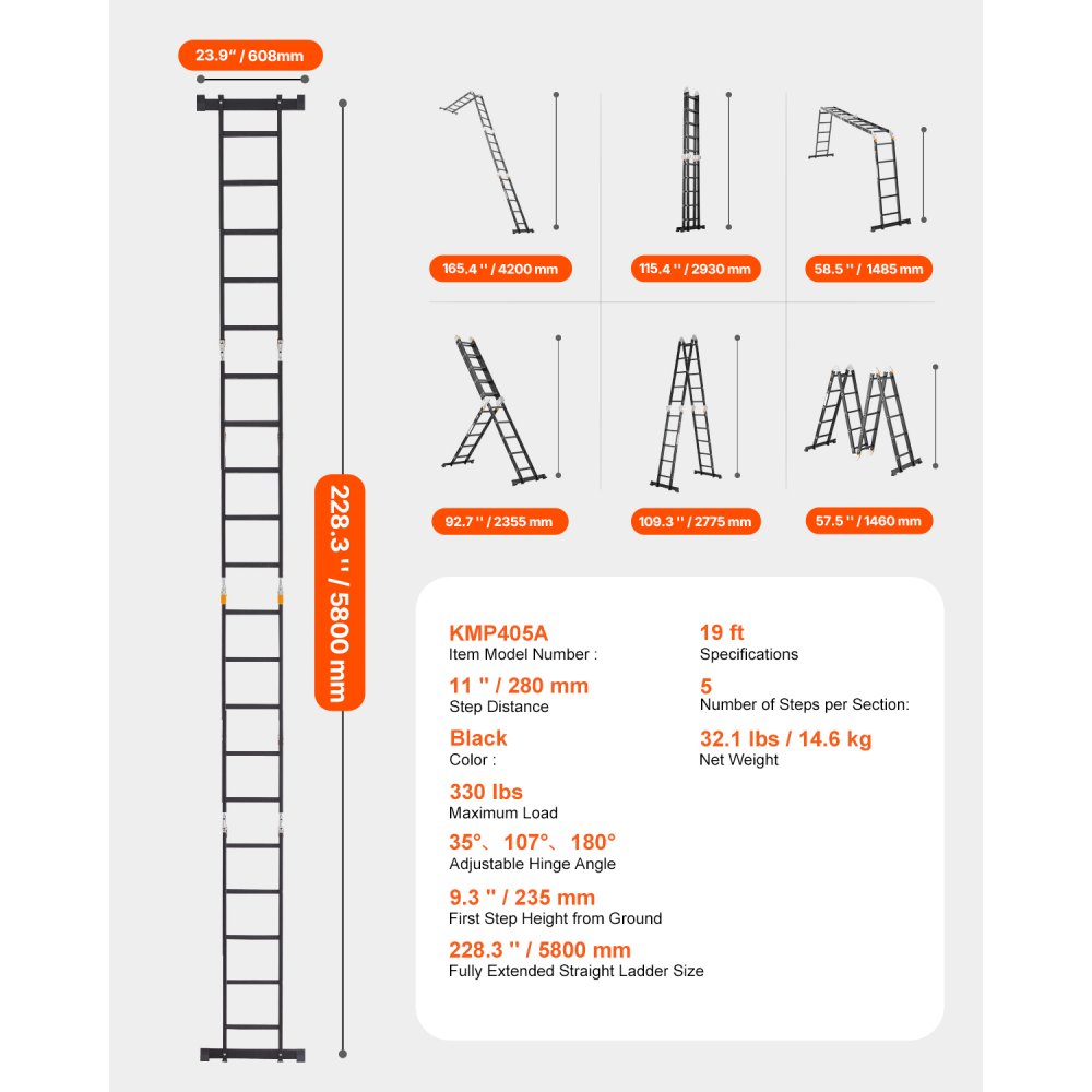 VEVOR Escalera Plegable Multiusos Extensible Alta 7 en 1, 5 Escalones con Estructura en A, Altura de Alcance de 5,8 m, Capacidad de 149,7 kg para el Hogar y el Exterior, 1930 x 708 x 2775 mm, Plata