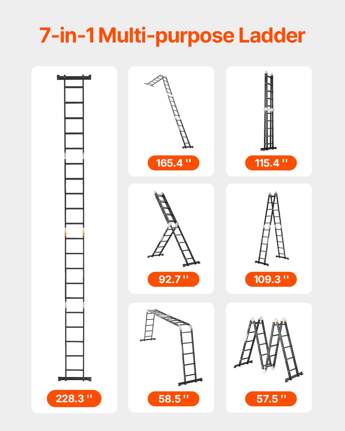 VEVOR Escalera Plegable Multiusos Extensible Alta 7 en 1, 5 Escalones con Estructura en A, Altura de Alcance de 5,8 m, Capacidad de 149,7 kg para el Hogar y el Exterior, 1930 x 708 x 2775 mm, Plata