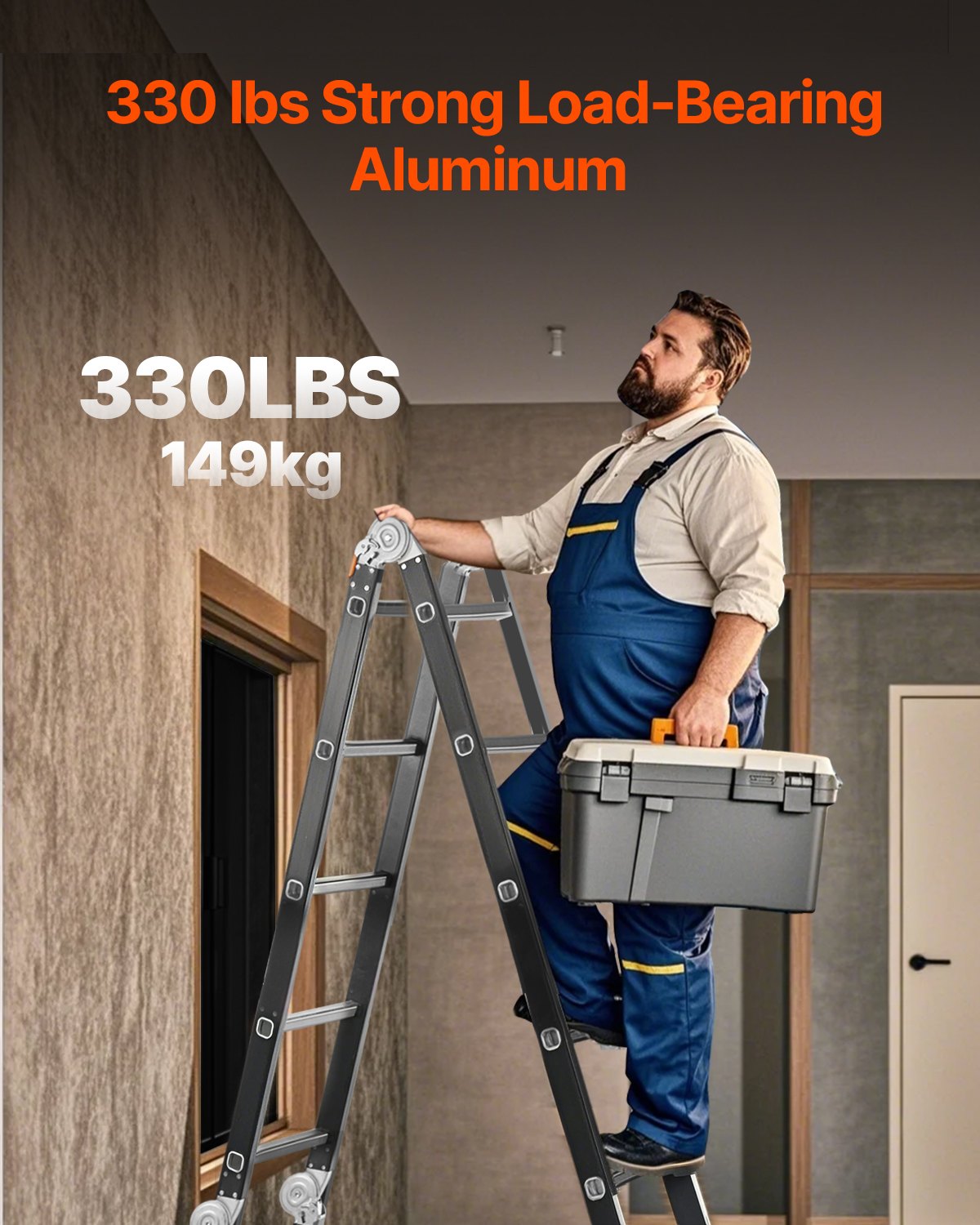 VEVOR Escalera Plegable Multiusos Extensible Alta 7 en 1, 5 Escalones con Estructura en A, Altura de Alcance de 5,8 m, Capacidad de 149,7 kg para el Hogar y el Exterior, 1930 x 708 x 2775 mm, Plata