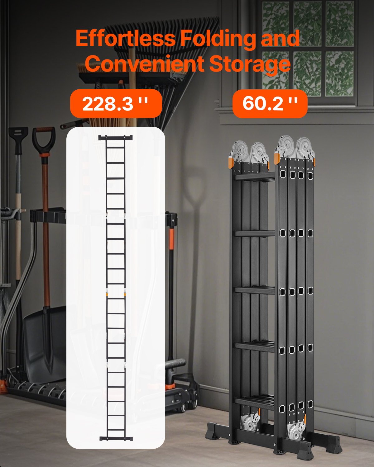 VEVOR Escalera Plegable Multiusos Extensible Alta 7 en 1, 5 Escalones con Estructura en A, Altura de Alcance de 5,8 m, Capacidad de 149,7 kg para el Hogar y el Exterior, 1930 x 708 x 2775 mm, Plata