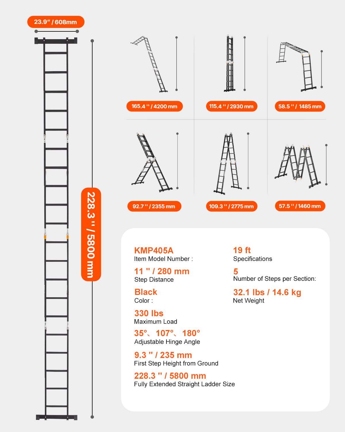 VEVOR Escalera Plegable Multiusos Extensible Alta 7 en 1, 5 Escalones con Estructura en A, Altura de Alcance de 5,8 m, Capacidad de 149,7 kg para el Hogar y el Exterior, 1930 x 708 x 2775 mm, Plata