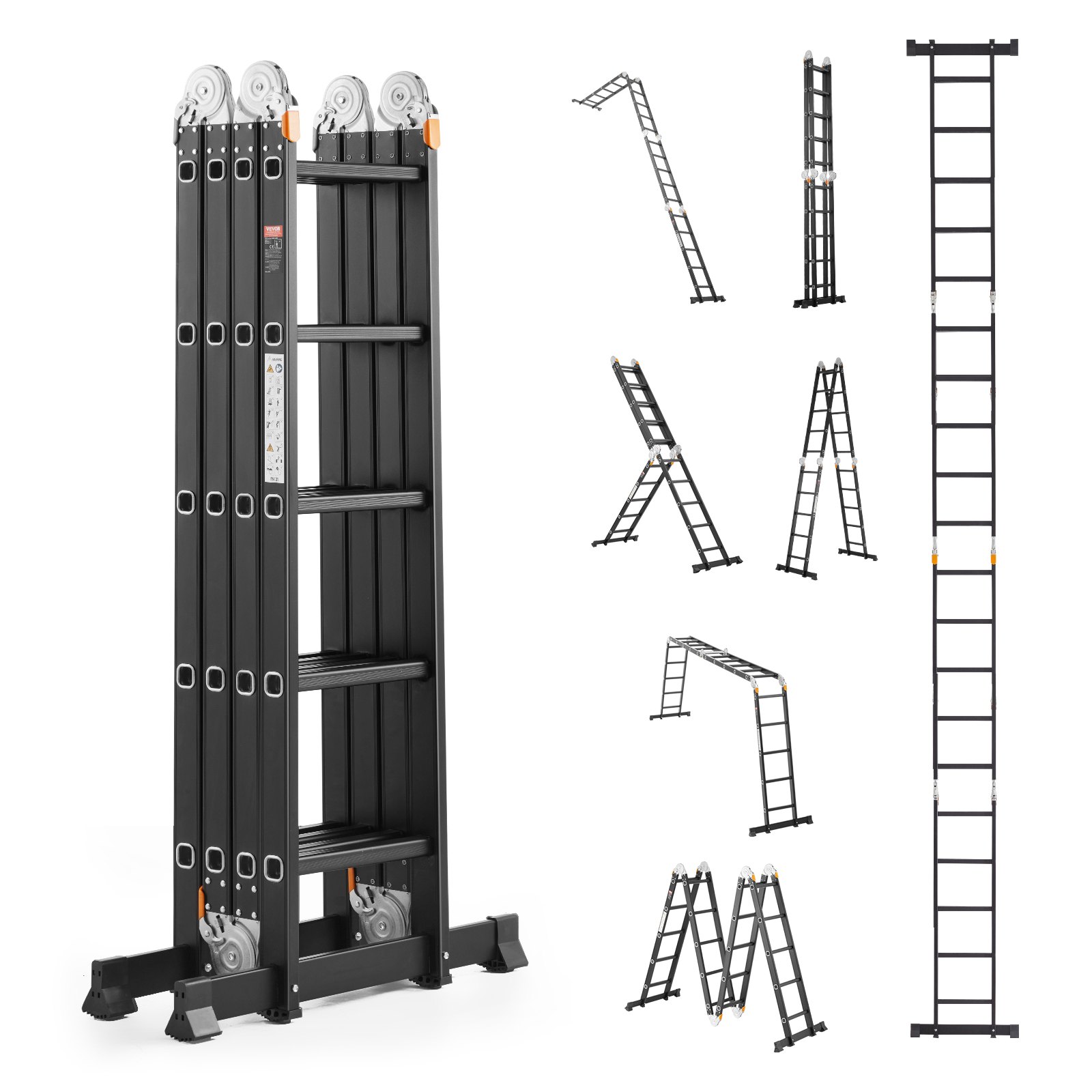 VEVOR Escalera Plegable Multiusos Extensible Alta 7 en 1, 5 Escalones con Estructura en A, Altura de Alcance de 5,8 m, Capacidad de 149,7 kg para el Hogar y el Exterior, 1930 x 708 x 2775 mm, Plata