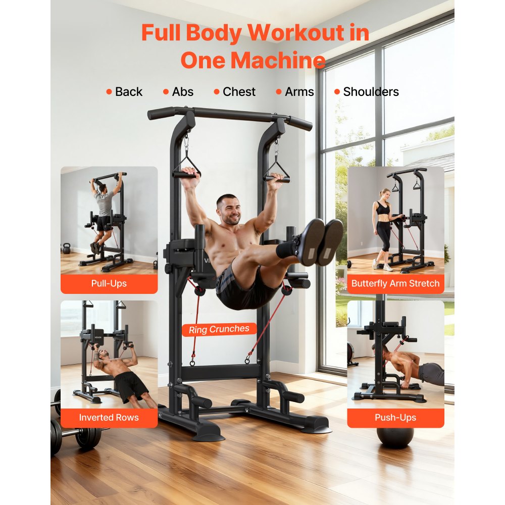 VEVOR Barra de Dominadas, Carga de 150 kg, Estructura en H, Respaldo Acolchado, Altura Ajustable en 12 Posiciones, Entrenamiento Multifuncional para Brazos y Espalda, 910 x 980 x 1860–2360 mm