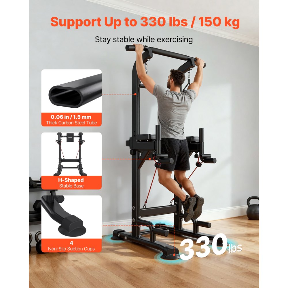 VEVOR Barra de Dominadas, Carga de 150 kg, Estructura en H, Respaldo Acolchado, Altura Ajustable en 12 Posiciones, Entrenamiento Multifuncional para Brazos y Espalda, 910 x 980 x 1860–2360 mm