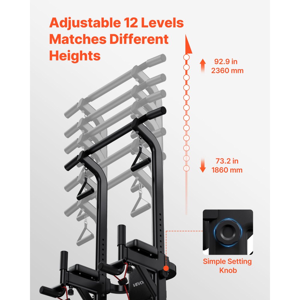 VEVOR Barra de Dominadas, Carga de 150 kg, Estructura en H, Respaldo Acolchado, Altura Ajustable en 12 Posiciones, Entrenamiento Multifuncional para Brazos y Espalda, 910 x 980 x 1860–2360 mm