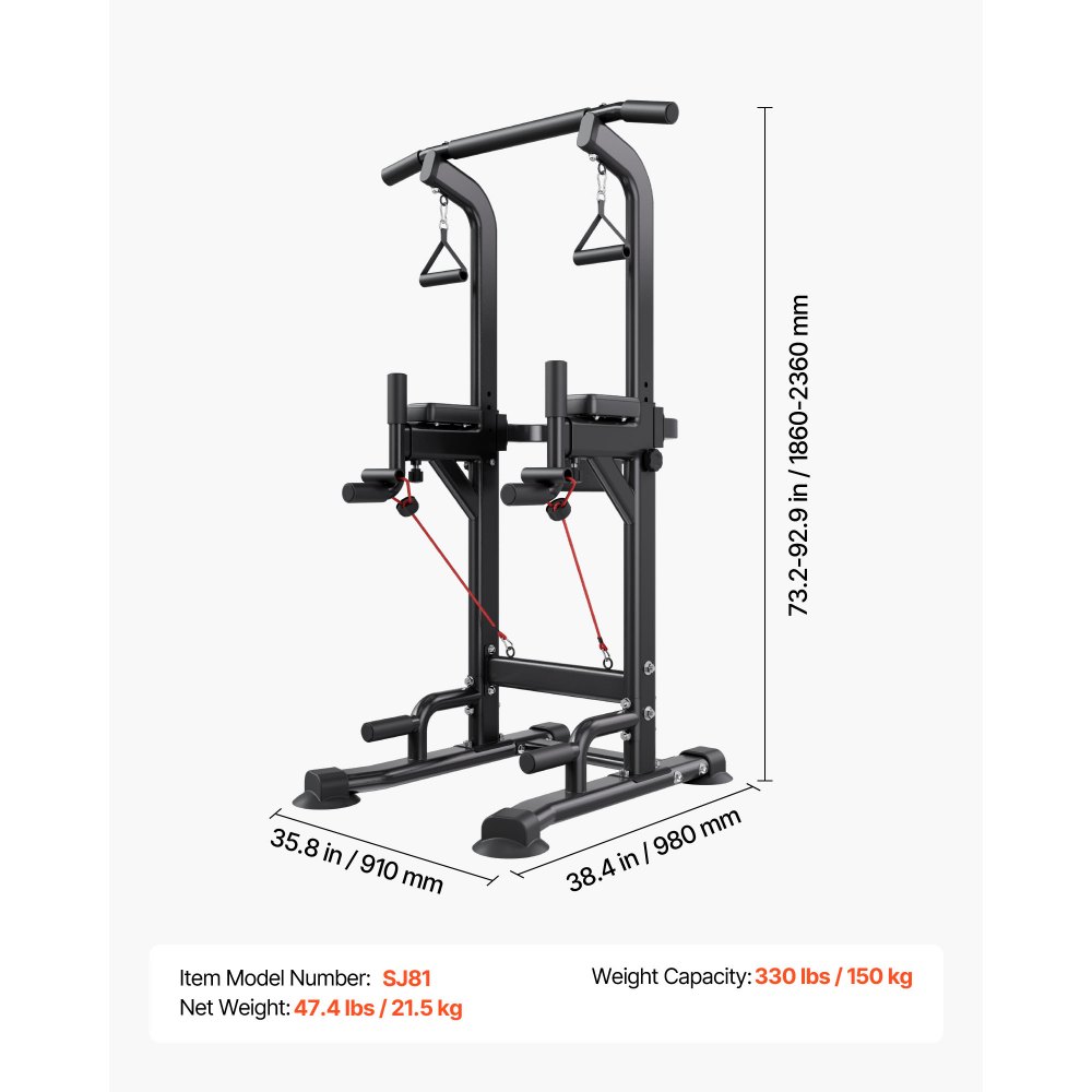 VEVOR Barra de Dominadas, Carga de 150 kg, Estructura en H, Respaldo Acolchado, Altura Ajustable en 12 Posiciones, Entrenamiento Multifuncional para Brazos y Espalda, 910 x 980 x 1860–2360 mm