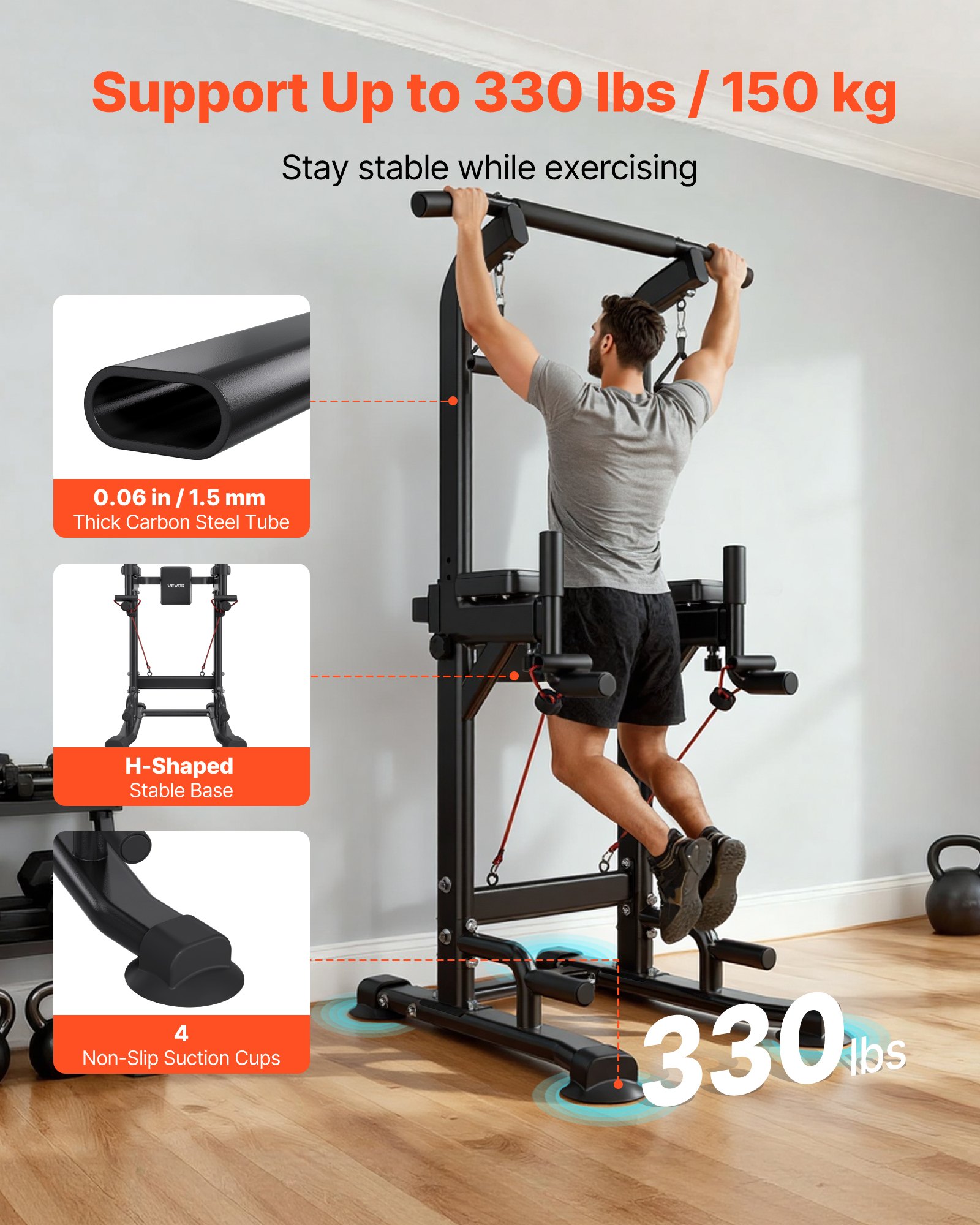 VEVOR Barra de Dominadas, Carga de 150 kg, Estructura en H, Respaldo Acolchado, Altura Ajustable en 12 Posiciones, Entrenamiento Multifuncional para Brazos y Espalda, 910 x 980 x 1860–2360 mm