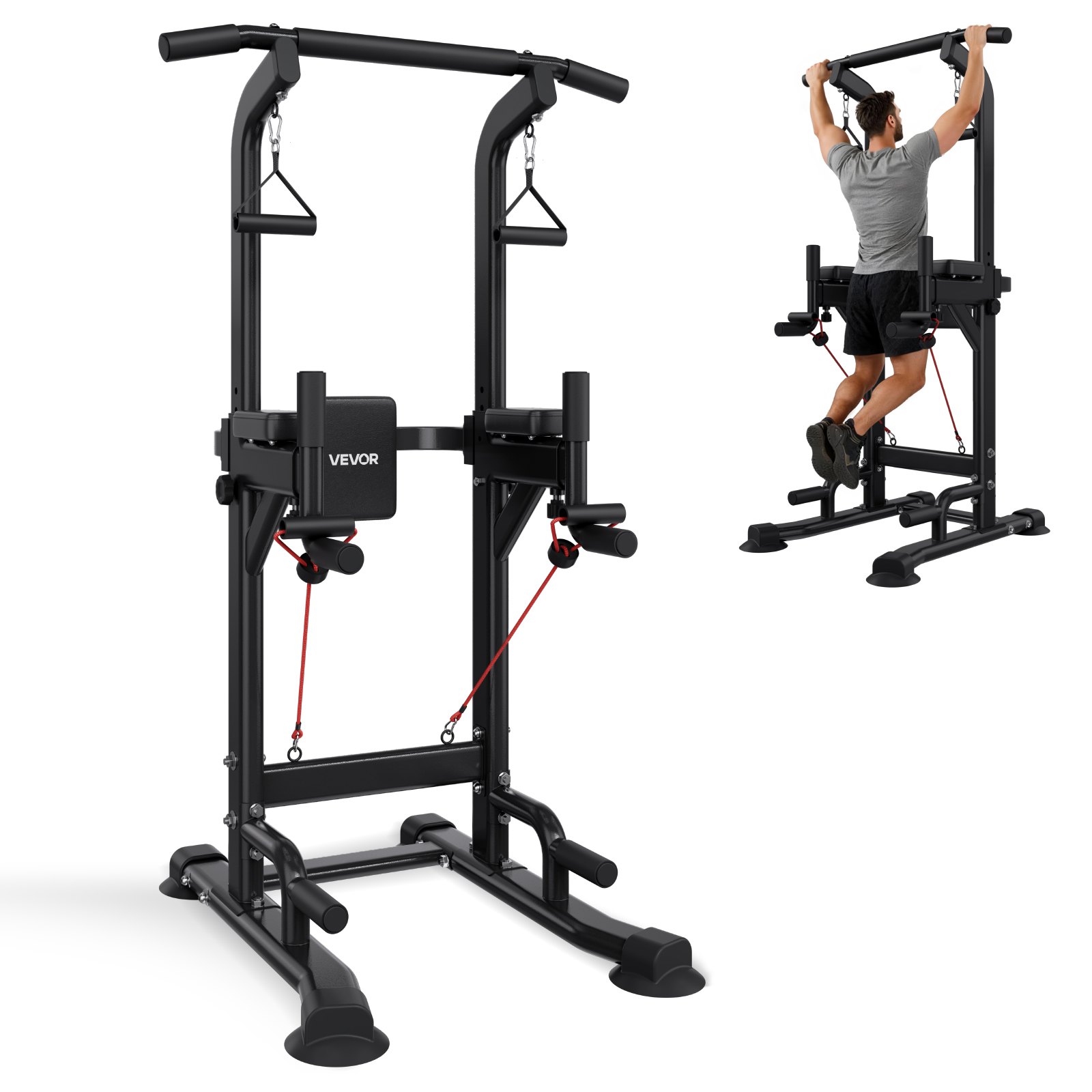 VEVOR Barra de Dominadas, Carga de 150 kg, Estructura en H, Respaldo Acolchado, Altura Ajustable en 12 Posiciones, Entrenamiento Multifuncional para Brazos y Espalda, 910 x 980 x 1860–2360 mm