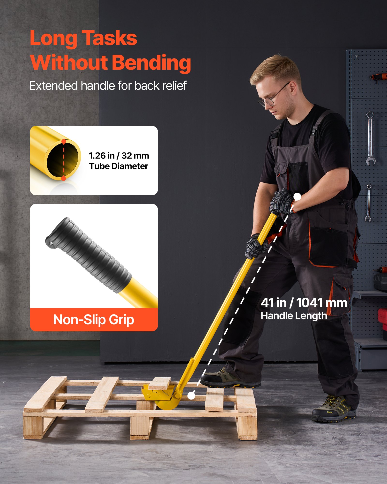 VEVOR Barra de Palanca de Acero al Carbono, Extractor de Palés de 114,3 cm, Capacidad de Carga de 907,18 kg, Herramienta de Desmontaje de Madera con Guantes para Desmontar Tablas de Extracción