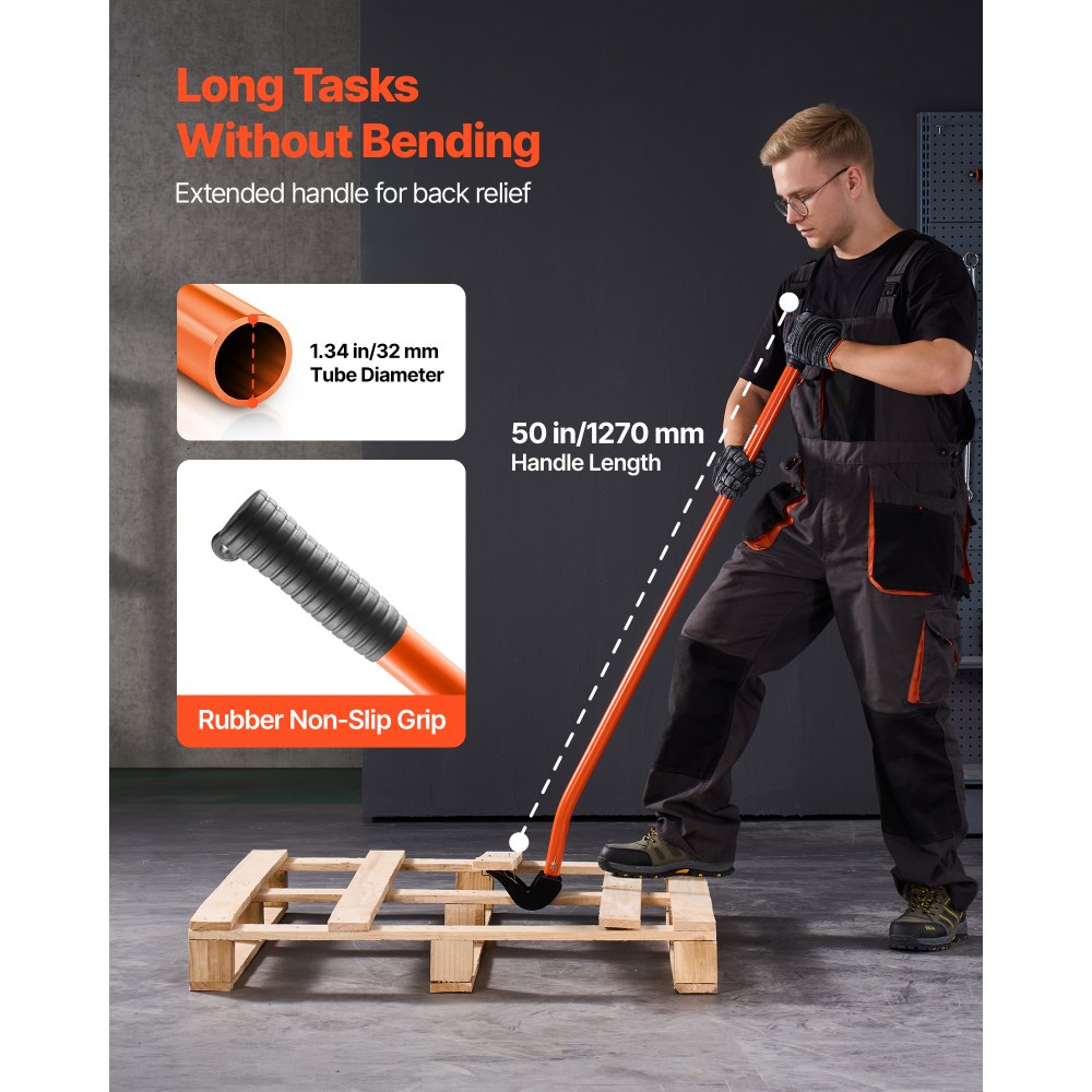 VEVOR Barra de Palanca de Acero al Carbono, Extractor de Palés de 137,16 cm, Capacidad de Carga de 907,18 kg, Herramienta de Desmontaje de Madera con Guantes para Desmontar Tablas de Extracción