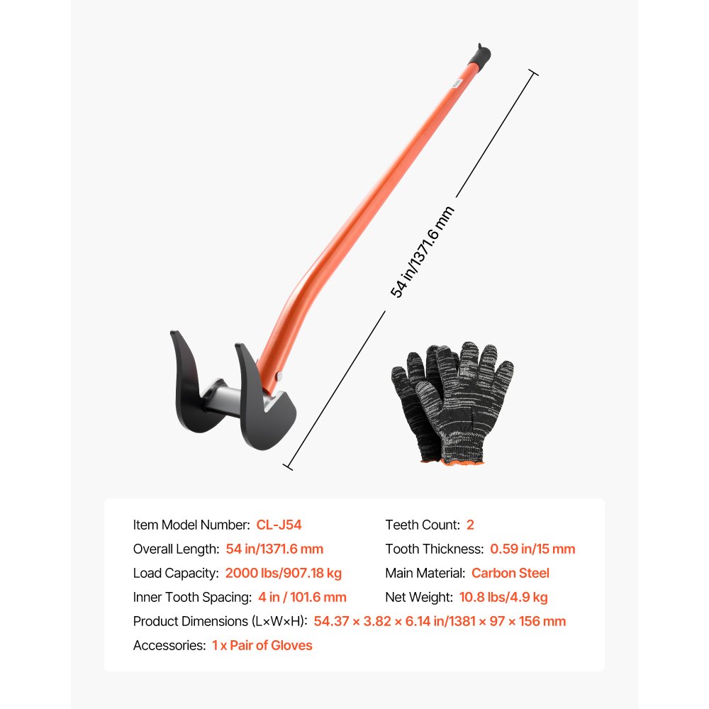 VEVOR Barra de Palanca de Acero al Carbono, Extractor de Palés de 137,16 cm, Capacidad de Carga de 907,18 kg, Herramienta de Desmontaje de Madera con Guantes para Desmontar Tablas de Extracción