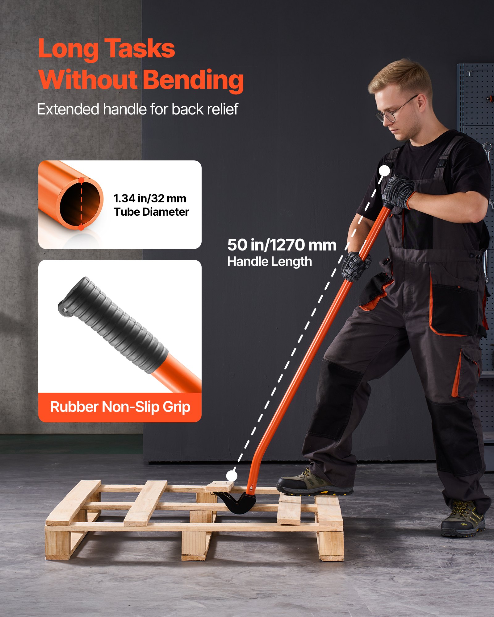 VEVOR Barra de Palanca de Acero al Carbono, Extractor de Palés de 137,16 cm, Capacidad de Carga de 907,18 kg, Herramienta de Desmontaje de Madera con Guantes para Desmontar Tablas de Extracción