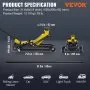 Dimensiones y usos del gato de piso de perfil bajo VEVOR para cortadoras de césped, automóviles, SUV, camionetas livianas y mini vehículos recreativos.