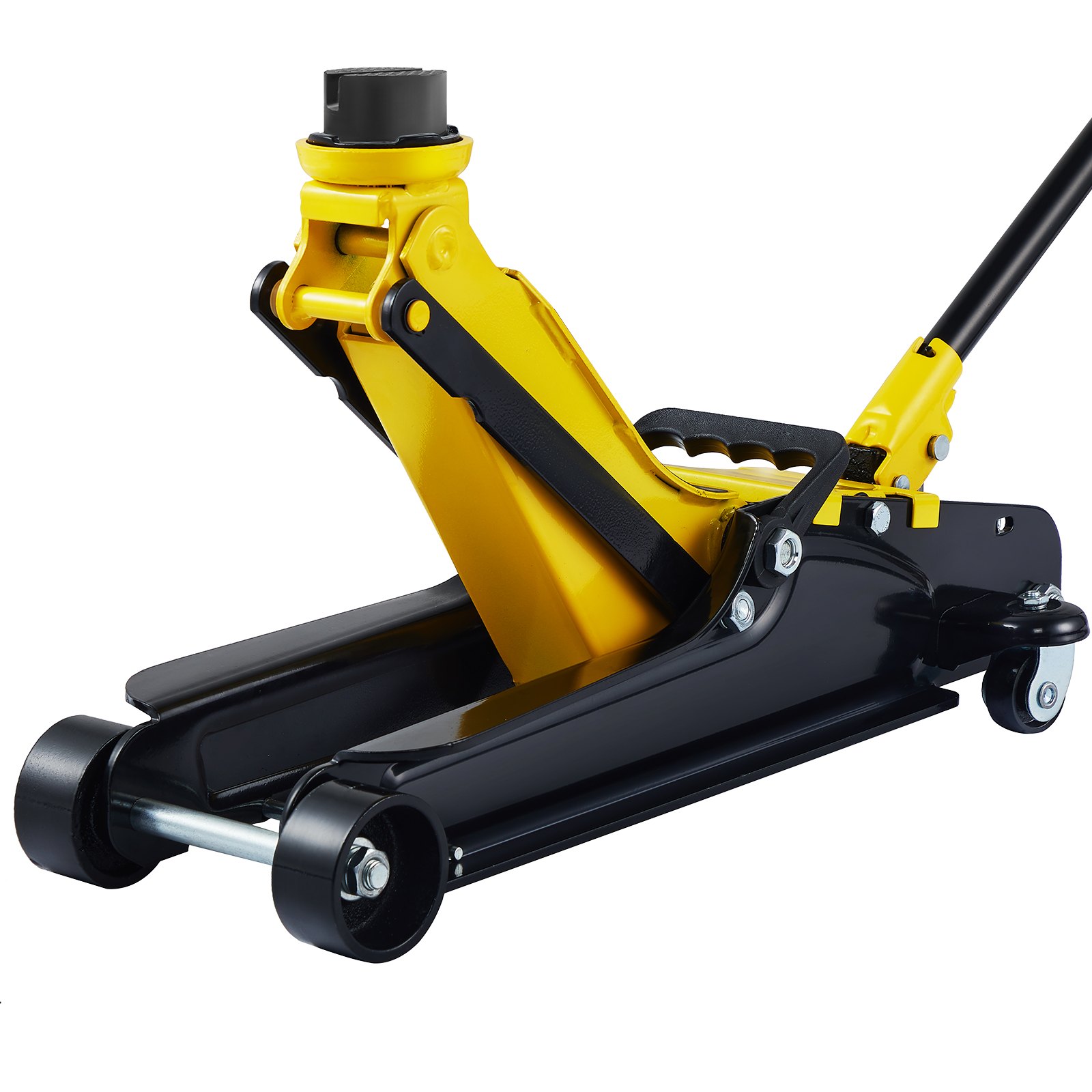 Gato de piso de perfil bajo VEVOR amarillo y negro con ruedas resistentes y asa de elevación.