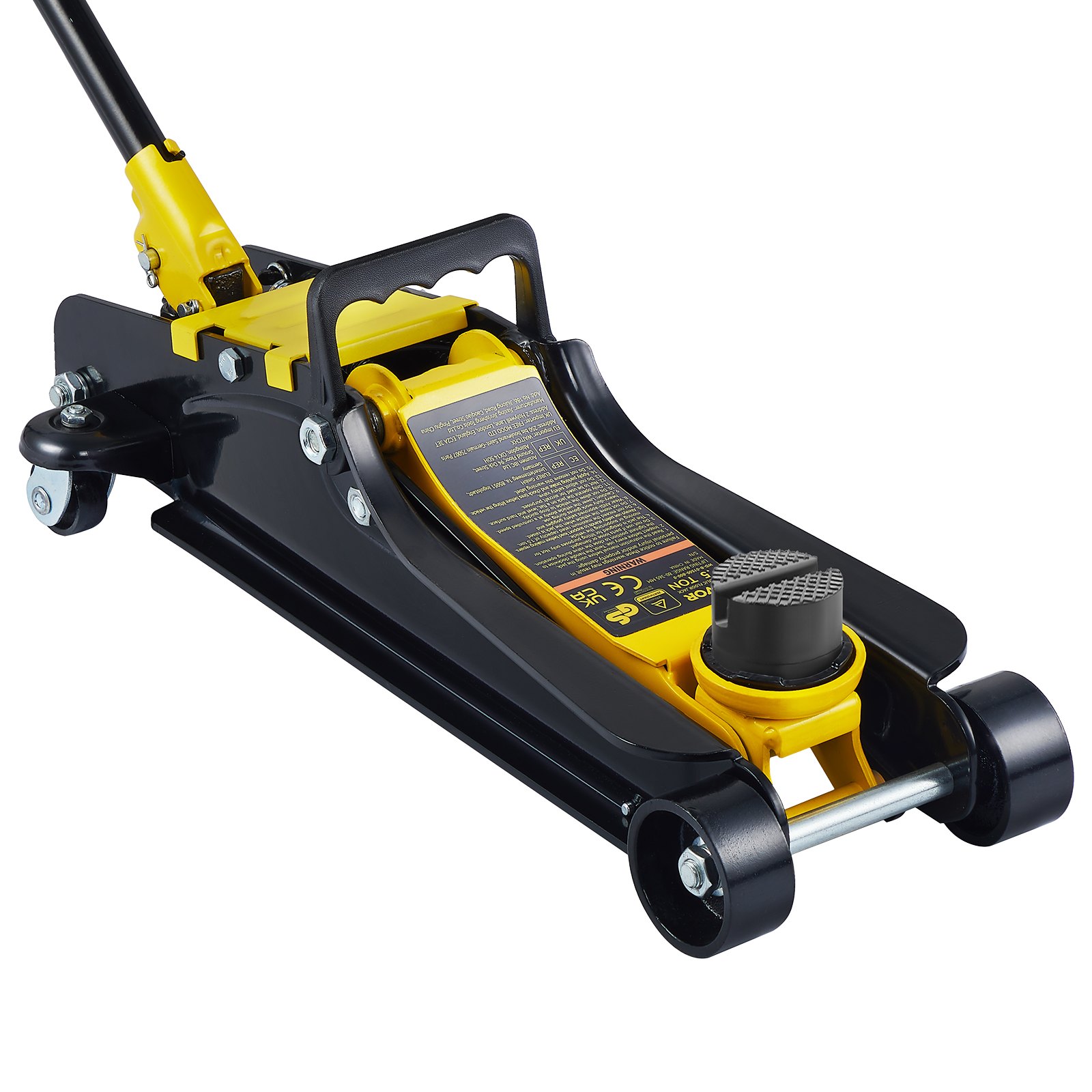 Gato de piso de perfil bajo VEVOR amarillo y negro con mango acolchado, ruedas y válvula de liberación de seguridad.