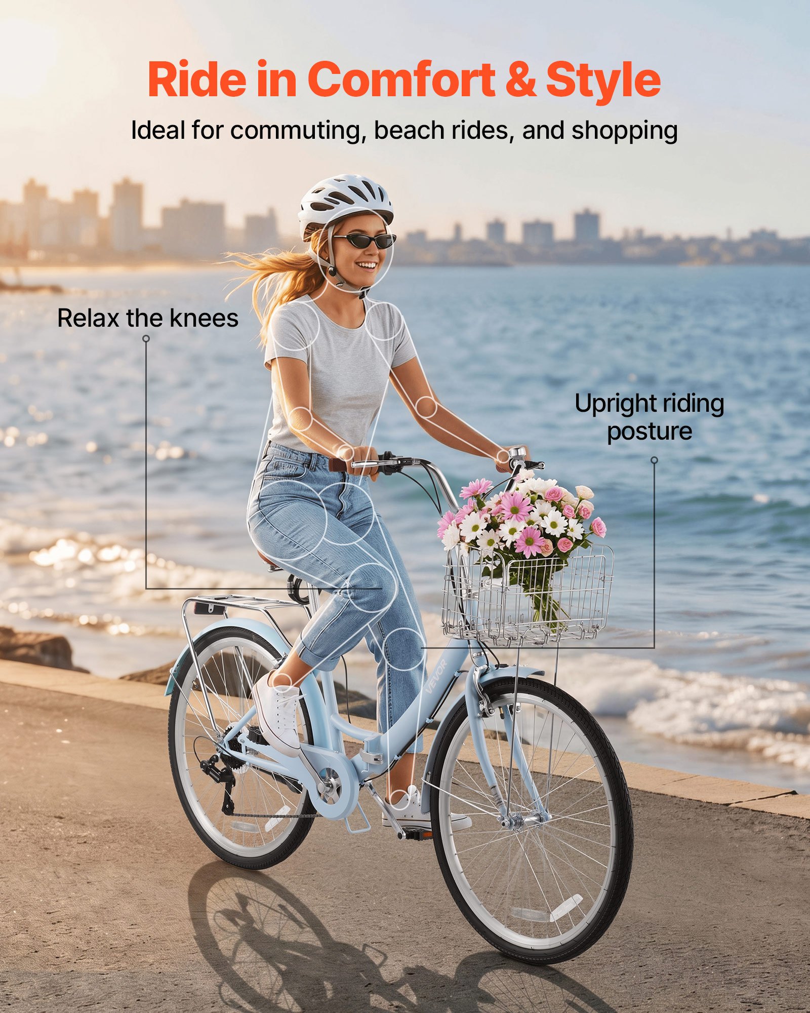 VEVOR Bicicleta Cruiser Plegable 26 pulgadas, 7 Velocidades, Bicicleta Urbana con Cesta Delantera y Portaequipajes Trasero, Cuadro de Acero al Carbono, Carga de 150 kg, para Pasear por Playa, Azul