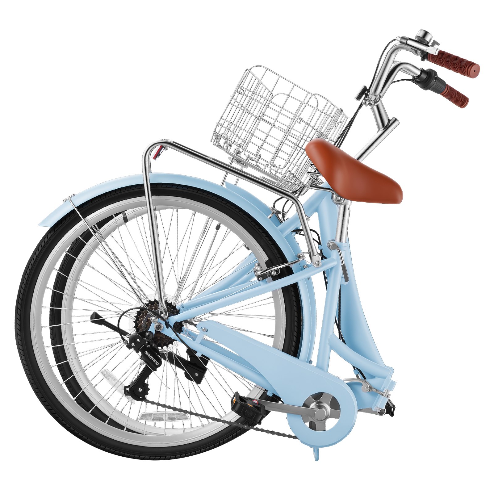 VEVOR Bicicleta Cruiser Plegable 26 pulgadas, 7 Velocidades, Bicicleta Urbana con Cesta Delantera y Portaequipajes Trasero, Cuadro de Acero al Carbono, Carga de 150 kg, para Pasear por Playa, Azul