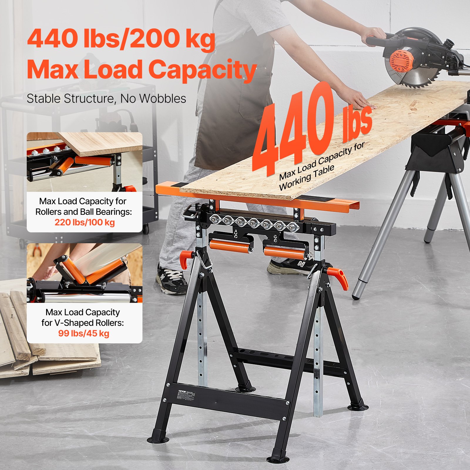 VEVOR 4 en 1 Soporte con Ruedas Carga 200 kg Altura 838,2-1270 mm con Soporte y Cabezal de Rodillo Multidireccional Pulido para Soporte de Extensión para Carpintería con Salida de Sierra de Mesa