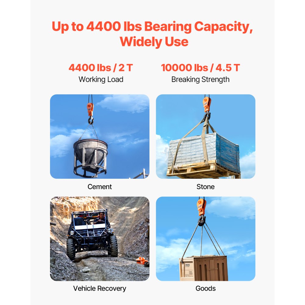 VEVOR 2 T pulley with swivel hook, forestry winch, 3/8 inch wire rope, heavy-duty cable winch, block and tackle for towing and recovery operations on tow trucks, car transport winches